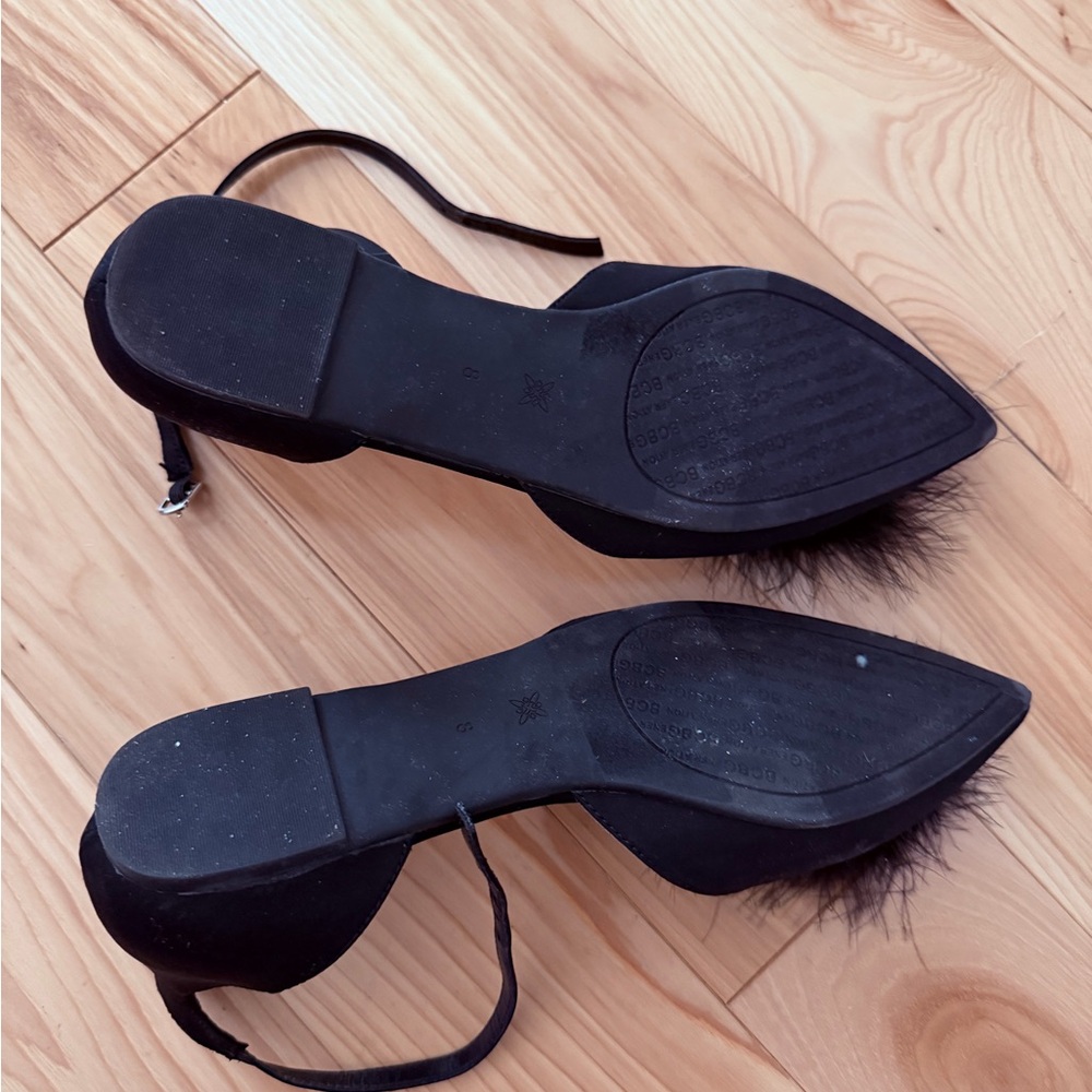 Bcbgeneration Black Feathered Flat Ankle Strap Sa… - image 3